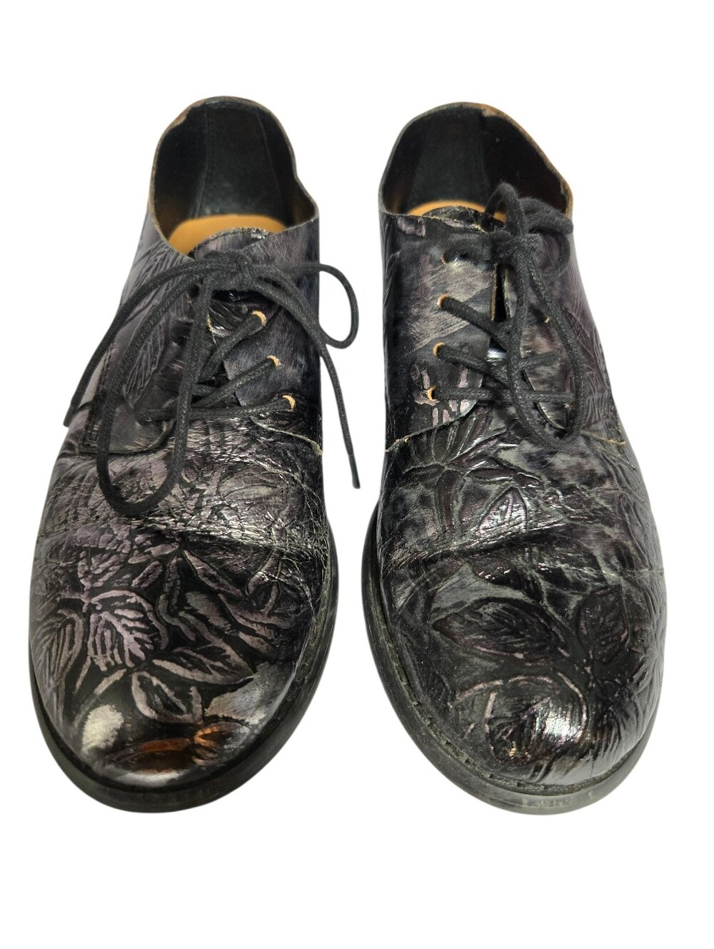 Patricia Nash Black Silver Leather Floral Embossed Lace-Up Oxford Loafers 6.5M - Picture 5 of 15